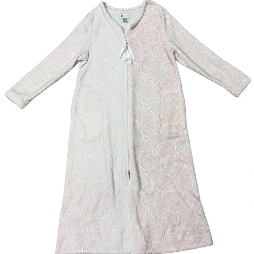 Ella Simone Pink Plush Zip Robe Floral Texture Long Sleeve Large, House Robe